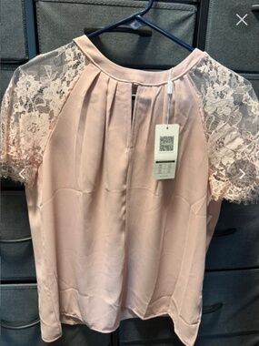 Angashion Lace Detail Pink Blouse